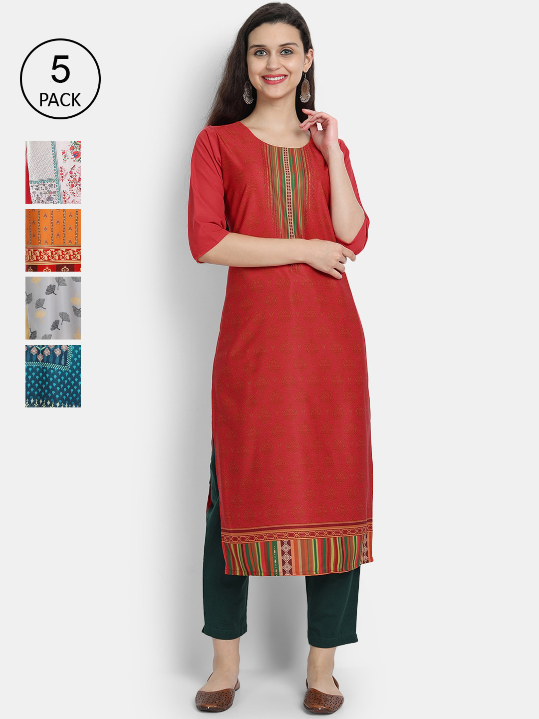 

7Threads Women Pack of 5 Ethnic Motifs Printed Crepe Kurta, Red