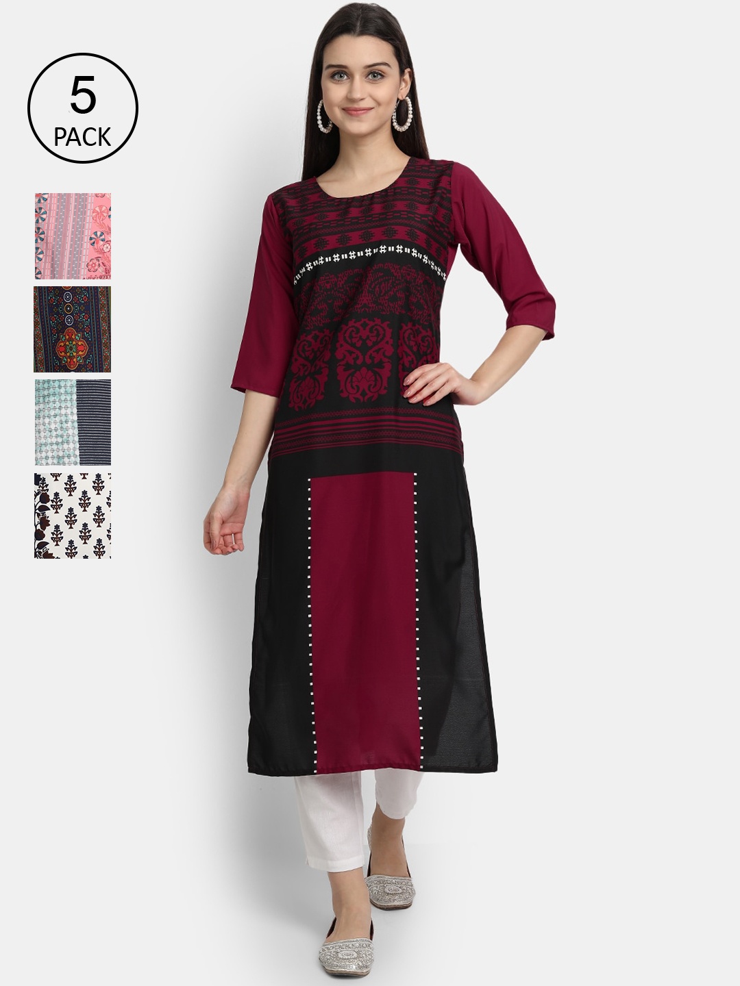 

7Threads Women Pack Of 5 Printed Crepe Kurta, Maroon