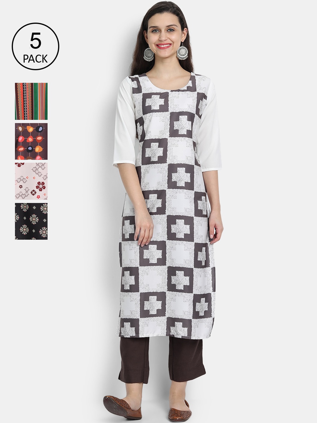 

7Threads Women Pack Of 5 Printed Crepe Kurtas, White