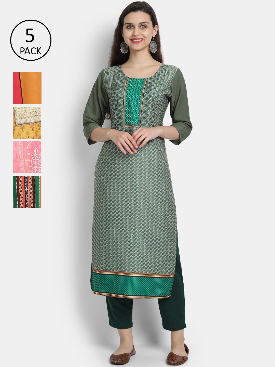 

7Threads Women Pack of 5 Ethnic Motifs Printed Crepe Kurta, Green