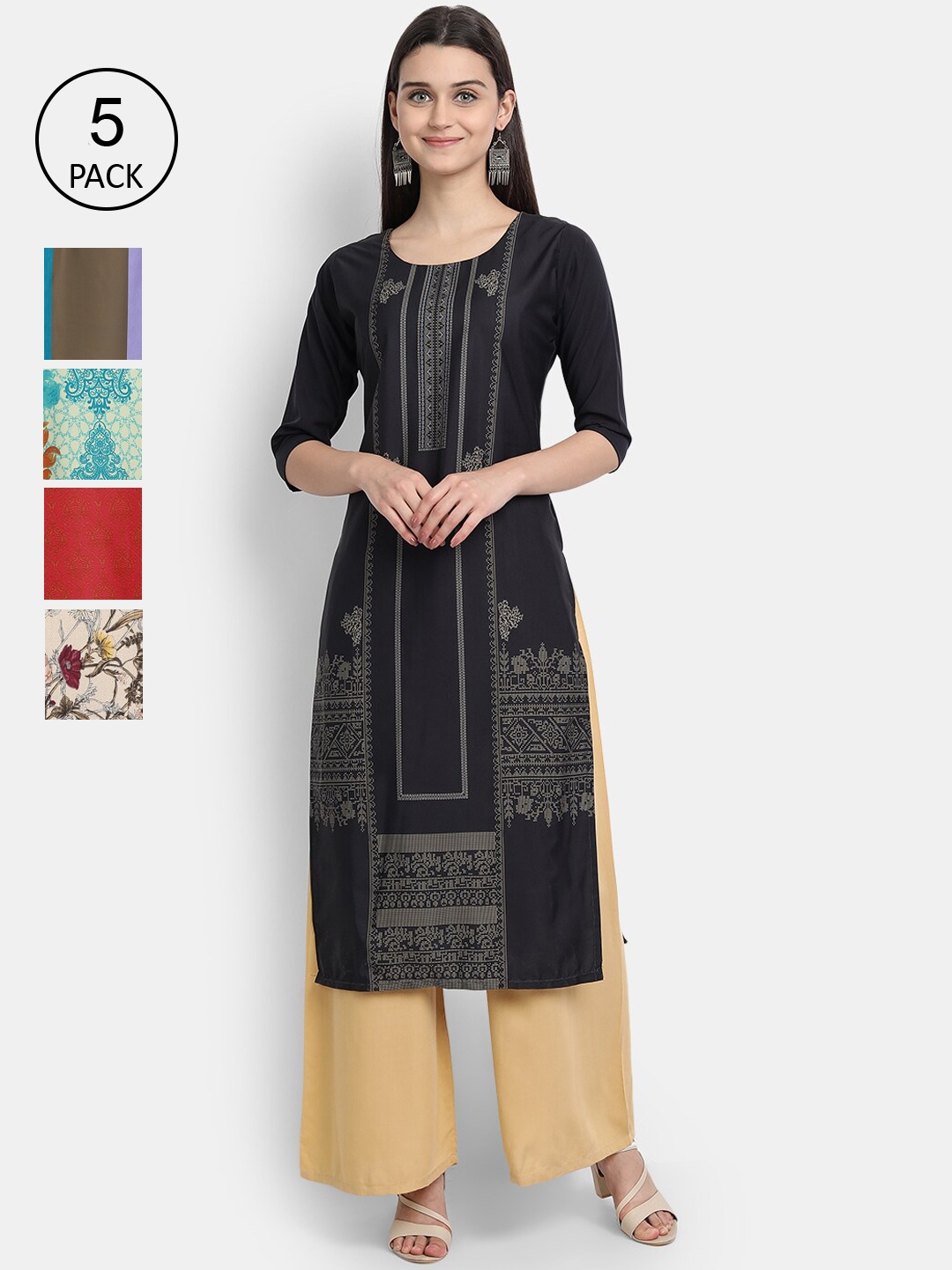 

7Threads Women Pack of 5 Printed Crepe Kurta, Multi