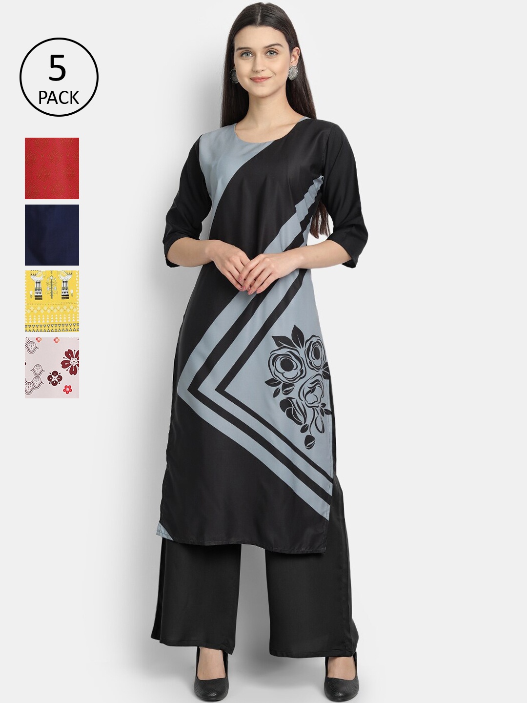 

7Threads Women Set of 5 Ethnic Motifs Printed Crepe Kurta, Multi