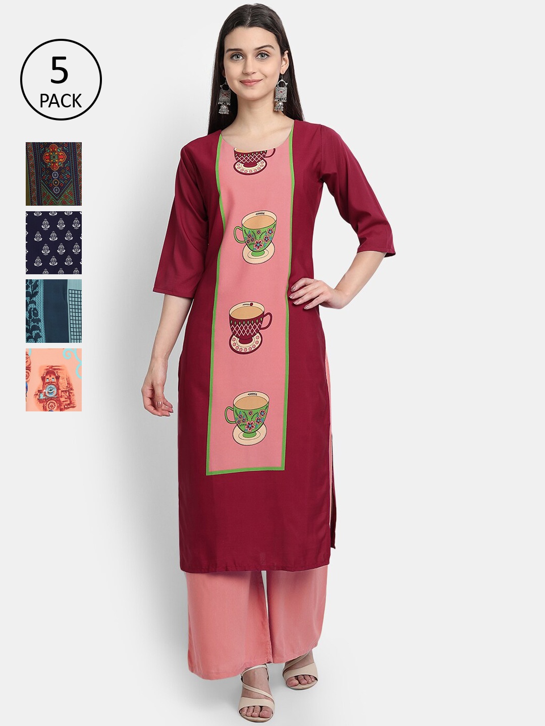 

7Threads Women Pack Of 5 Multicoloured Floral Printed Crepe Kurta, Multi