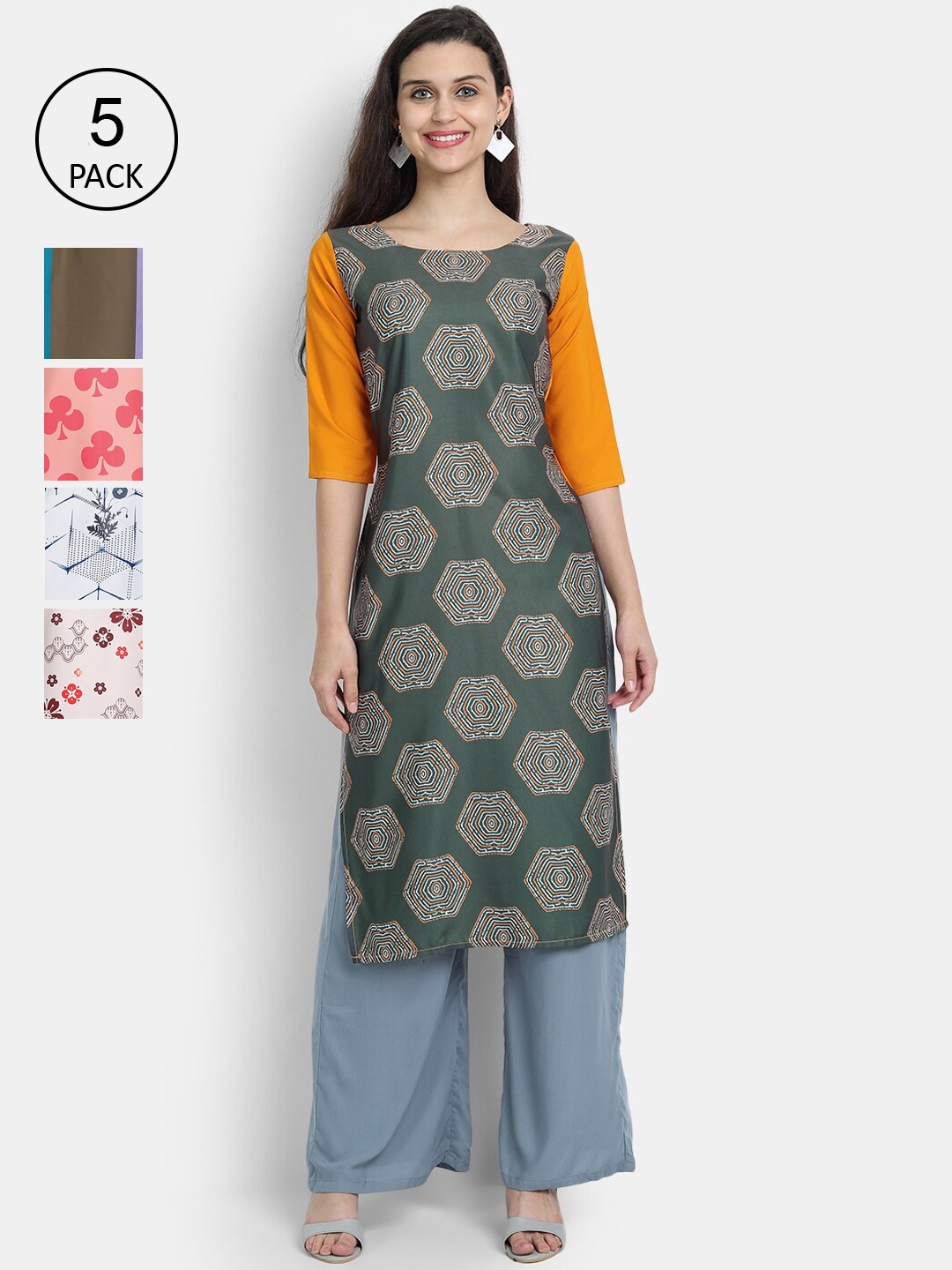 

7Threads Woman Pack of 5 Multicoloured Floral Printed Crepe Kurta, Multi