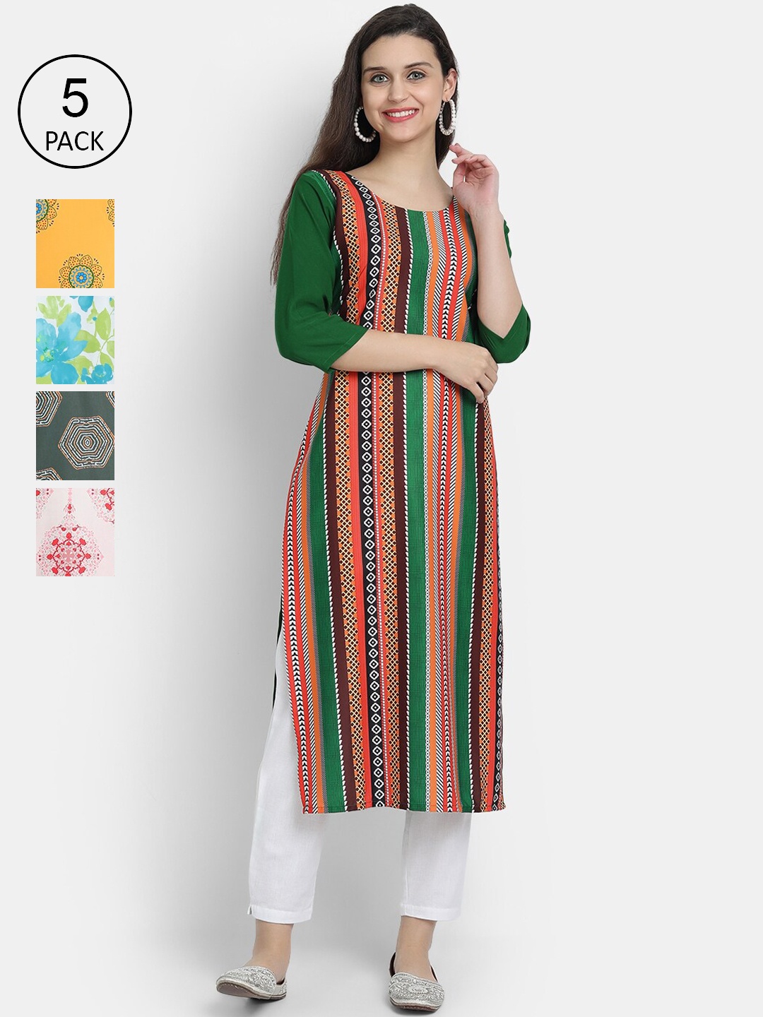 

7Threads Women Set of 5 Multi Printed Crepe Kurta
