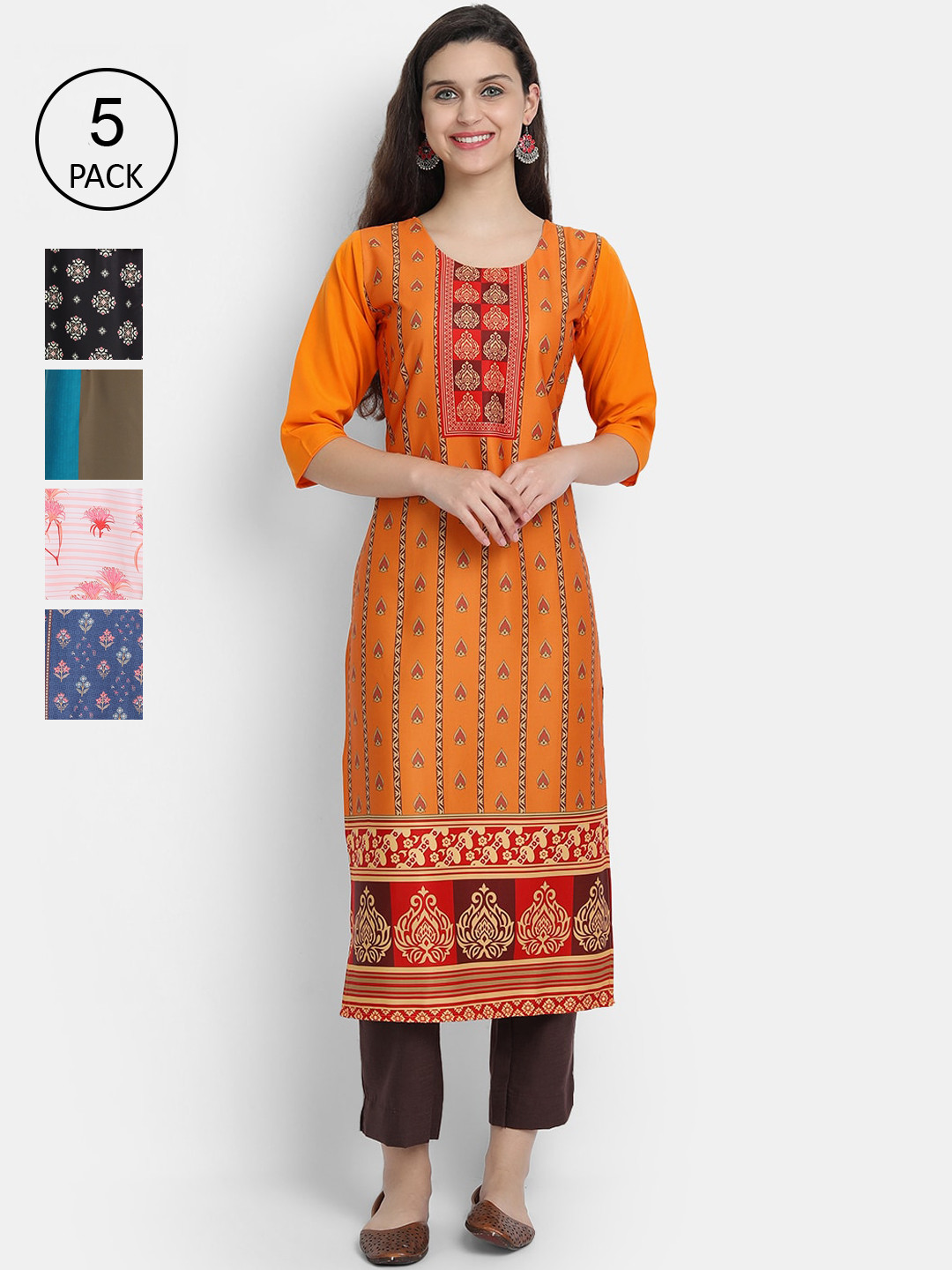 

7Threads Women Pack of 5 Multicoloured Printed Crepe Straight Kurtas, Multi