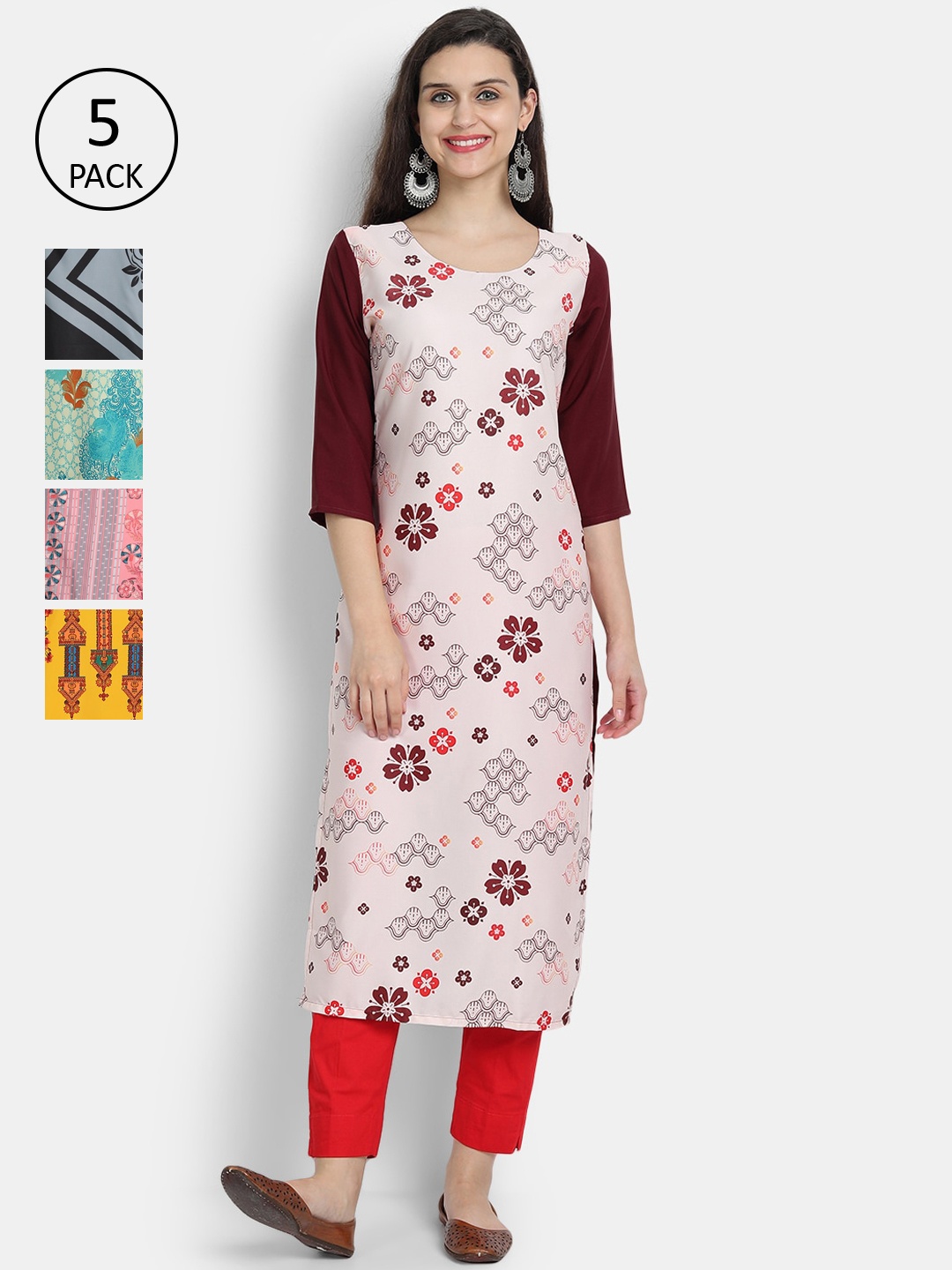 

7Threads Women Set of 5 Printed Crepe Kurta, Multi
