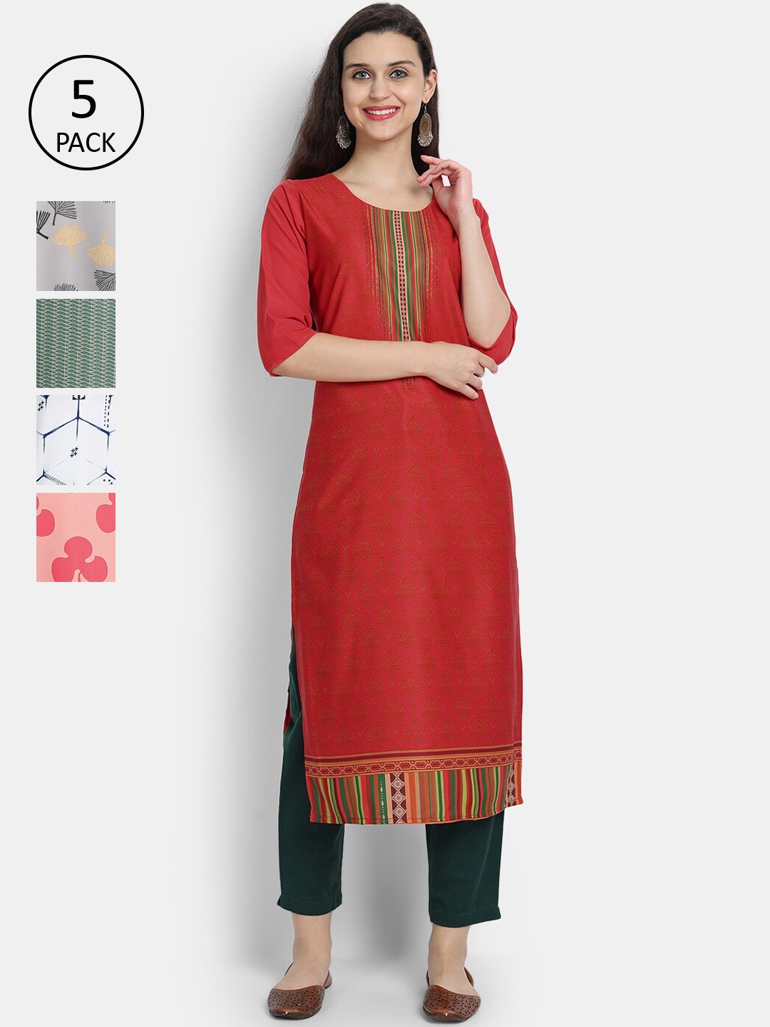 

7Threads Women Pack Of 5 Printed Crepe Kurtas, Maroon