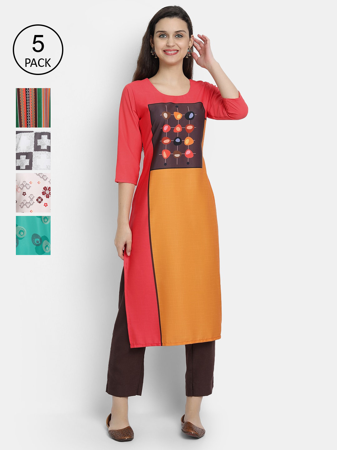 

7Threads Woman Pack of 5 Multicoloured Ethnic Motifs Printed Crepe Kurta, Multi
