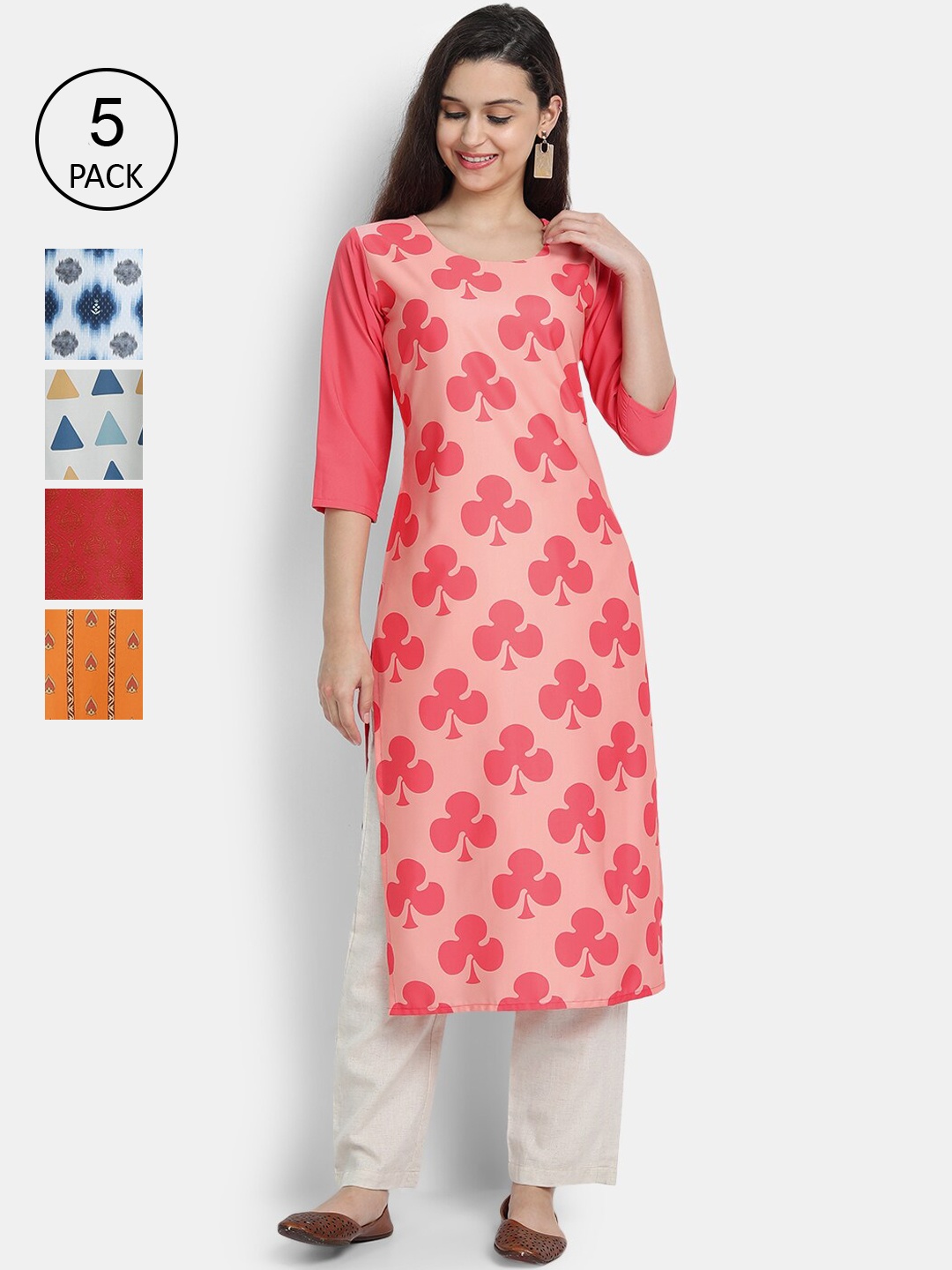 

7Threads Women Set of 5 Multi Ethnic Motifs Printed Crepe Kurta