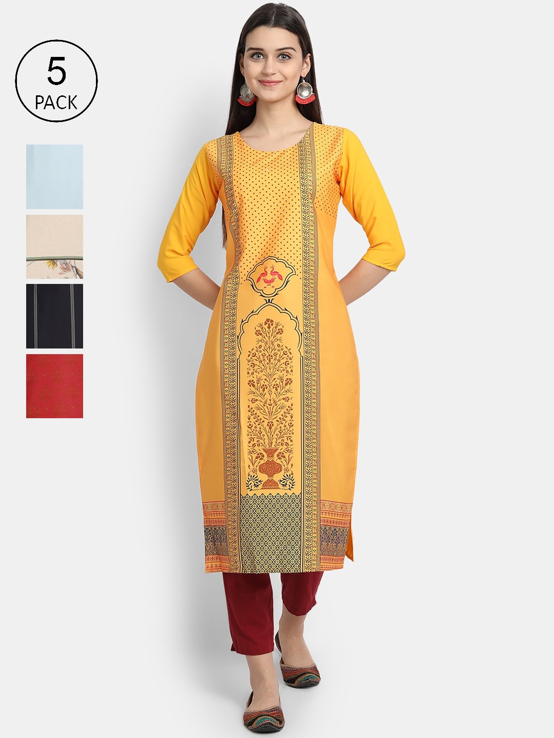 

7Threads Women Pack of 5 Multicoloured Printed Crepe Straight Kurtas, Multi