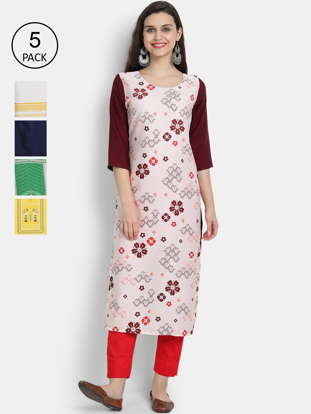 

7Threads Women Set of 5 Ethnic Motifs Printed Crepe Kurta, Multi
