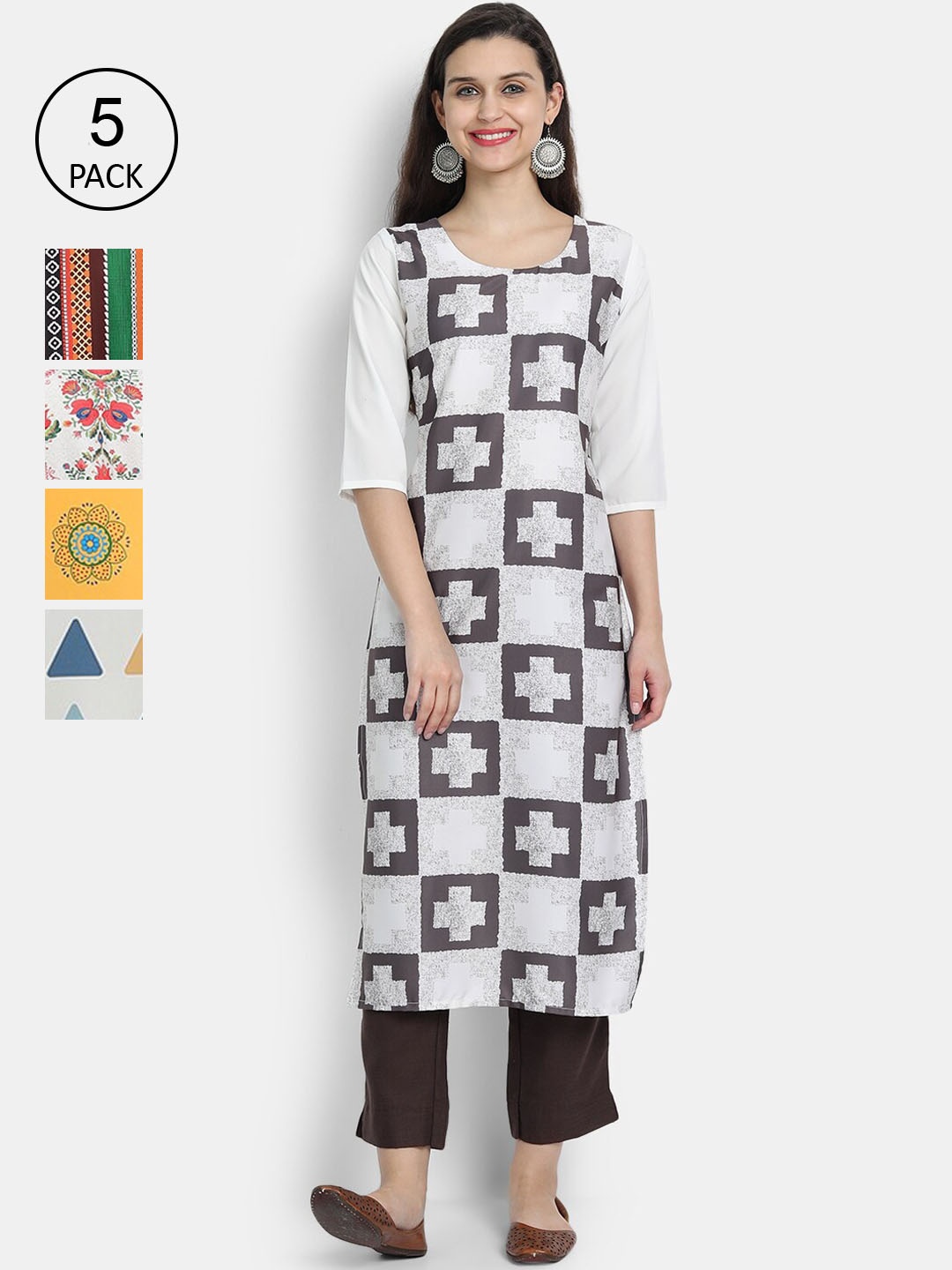 

7Threads Women Pack of 5 Ethnic Motifs Printed Crepe Kurta, Yellow