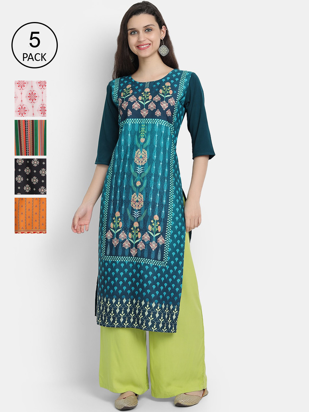 

7Threads Women Pack Of 5 Printed Crepe Kurtas, Blue