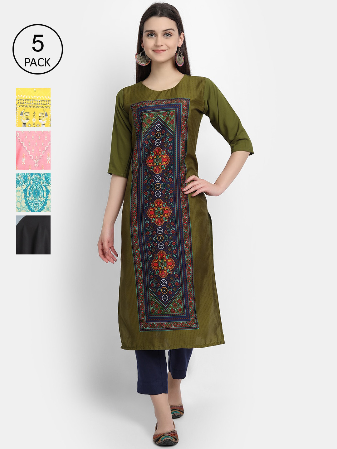 

7Threads Women Pack Of 5 Multicoloured Ethnic Motifs Printed Crepe Kurta, Multi