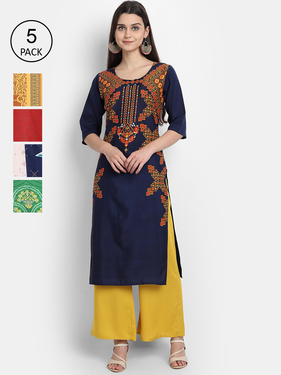 

7Threads Women Pack Of 5 Multicoloured Ethnic Motifs Printed Crepe Kurtas, Multi