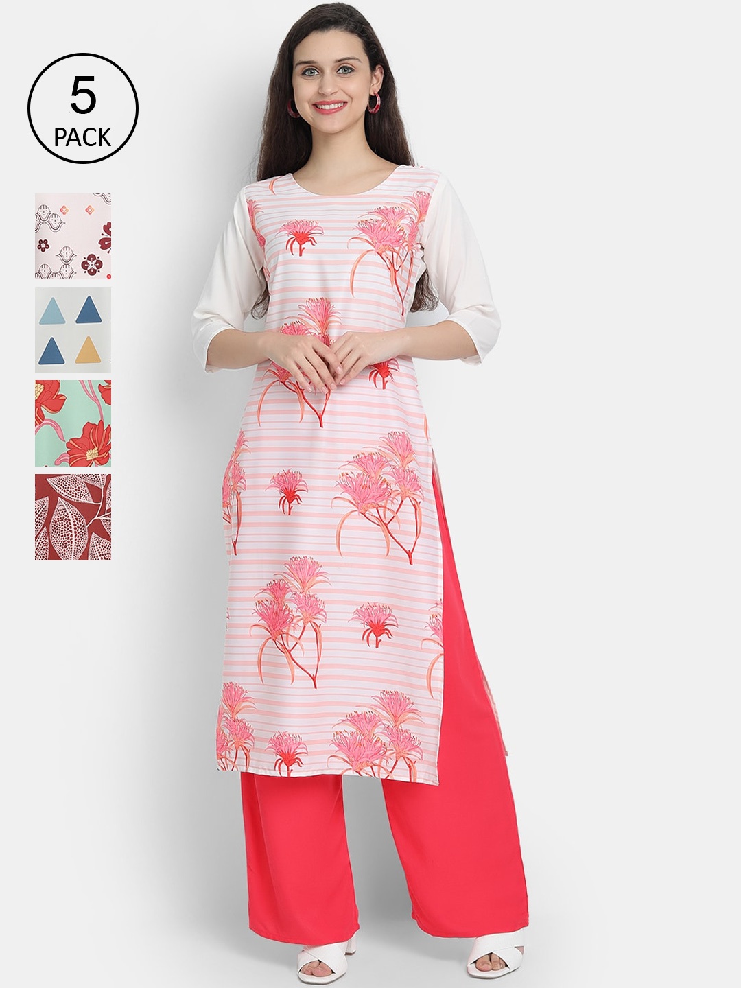 

7Threads Women Pack of 5 Ethnic Motifs Printed Crepe Kurta, Pink