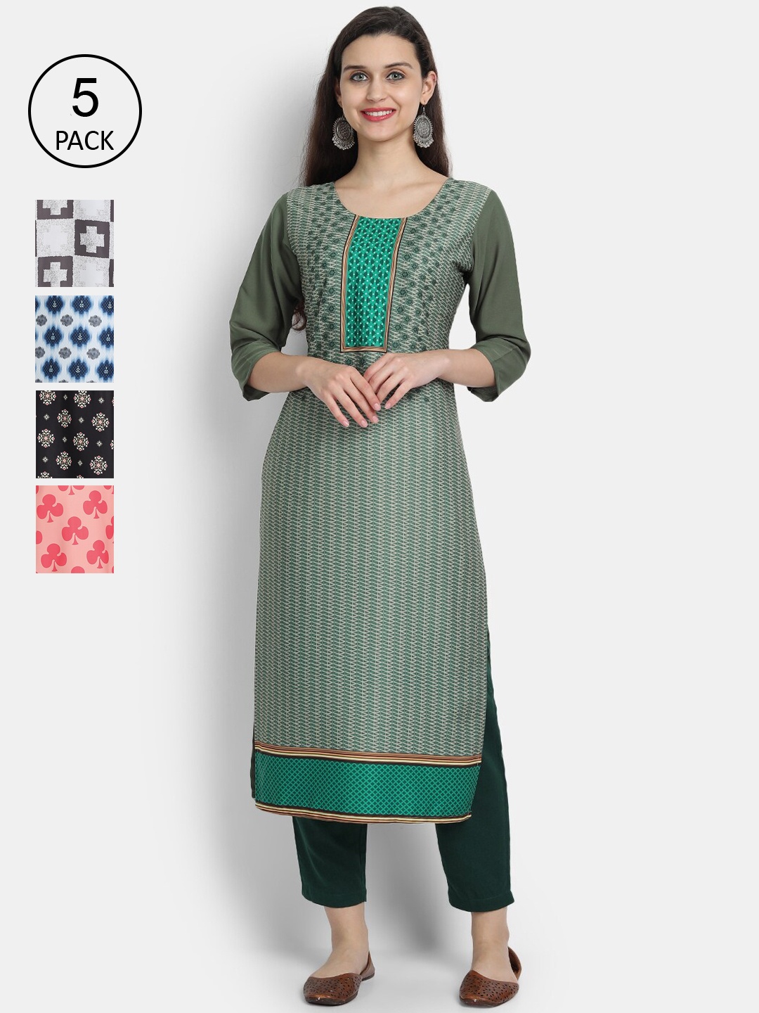 

7Threads Women Set of 5 Multicoloured Printed Crepe Kurta, Multi