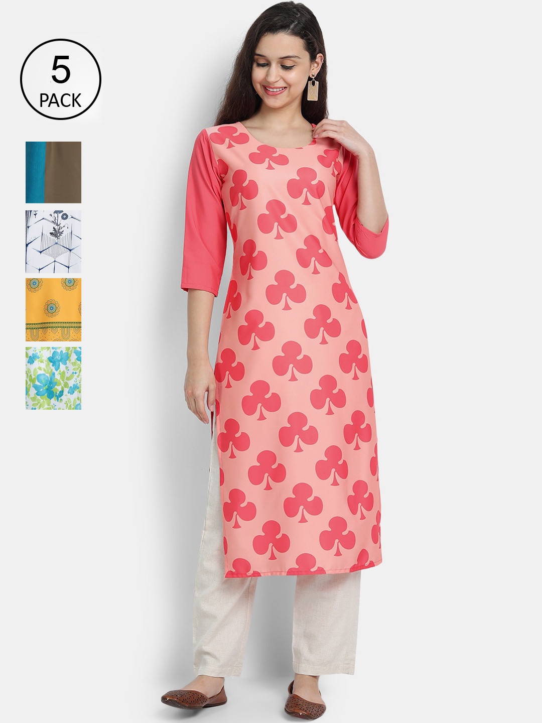 

7Threads Women Pack of 5 Multicoloured Printed Crepe Straight Kurtas, Multi