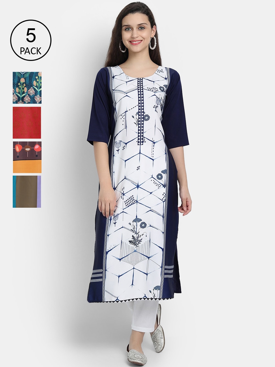 

7Threads Pack of 5 Women Printed Crepe Kurta, Multi
