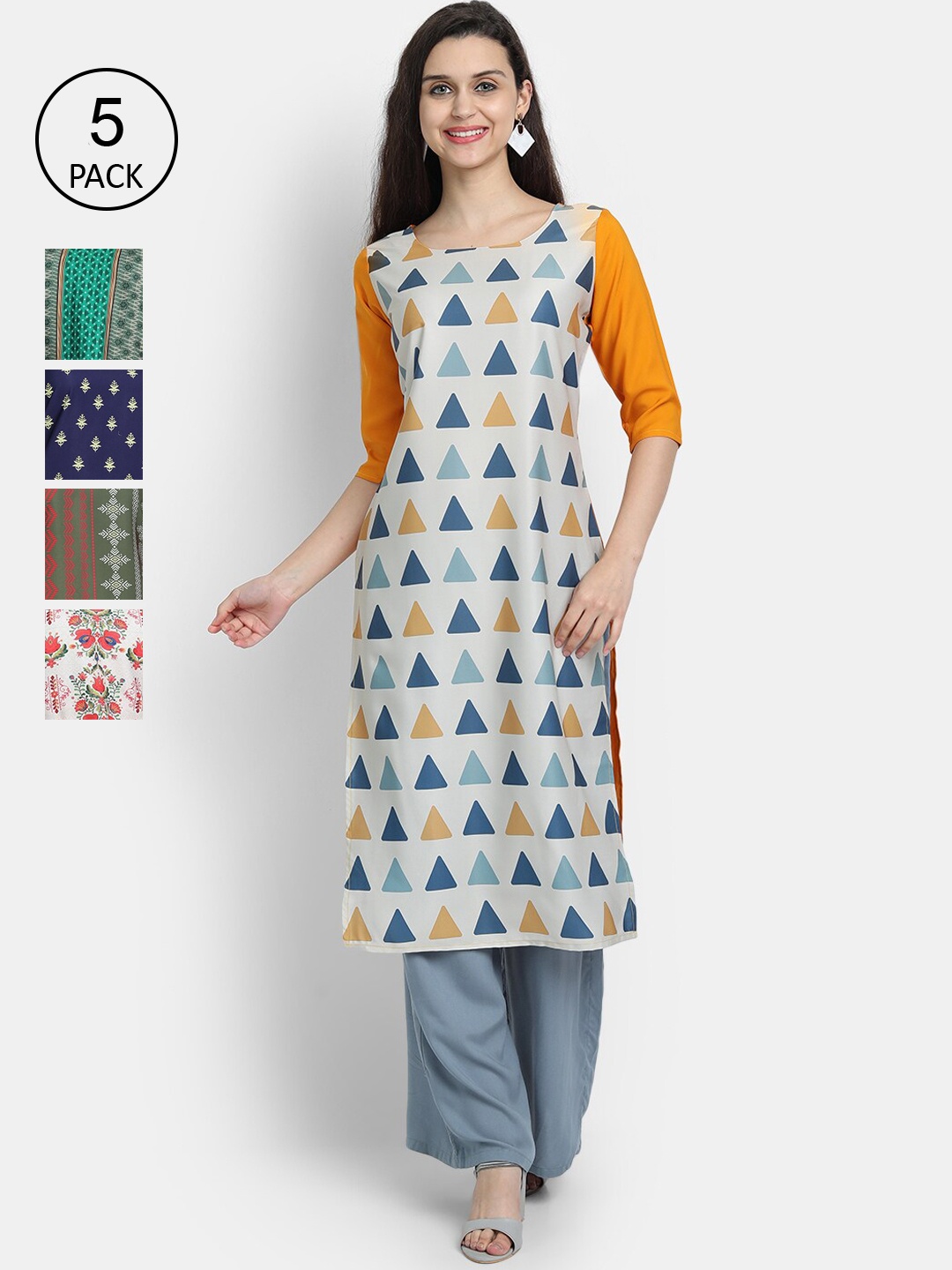 

7Threads Women Pack of 5 Ethnic Motifs Crepe Kurta, Blue