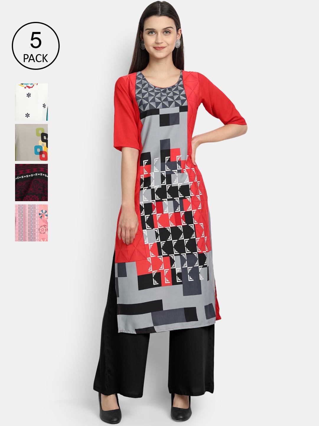 

7Threads Women Pack Of 5 Printed Crepe Kurta, Red