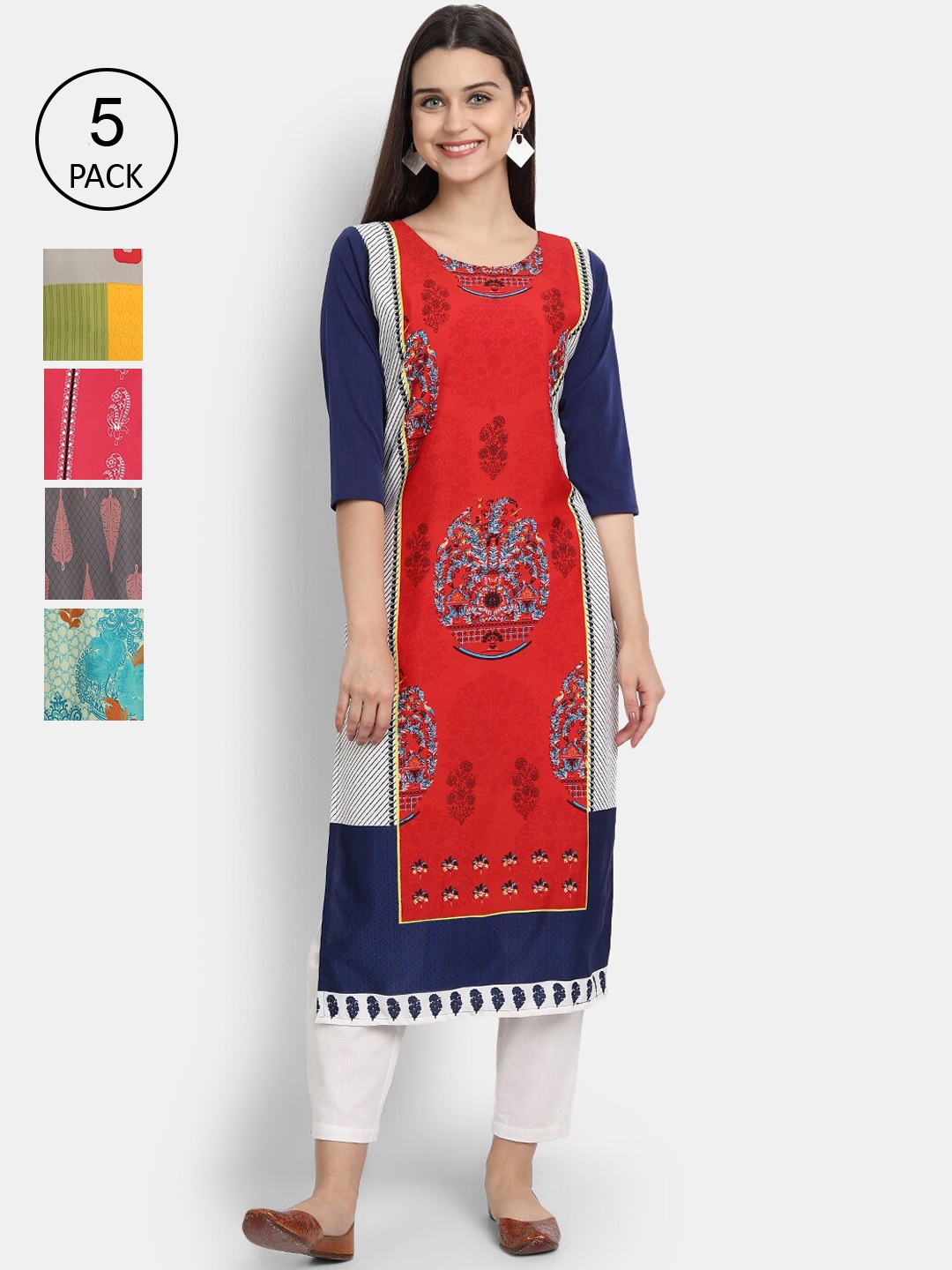 

7Threads Women Pack Of 5 Multicoloured Colourblocked Crepe Kurta, Multi