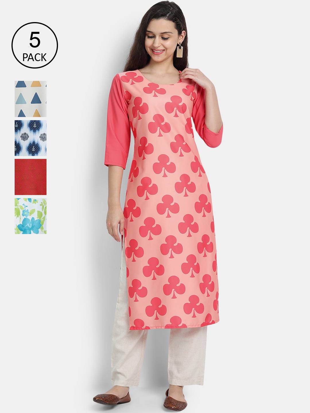 

7Threads Women Pack Of 5 Printed Crepe Kurta, Pink