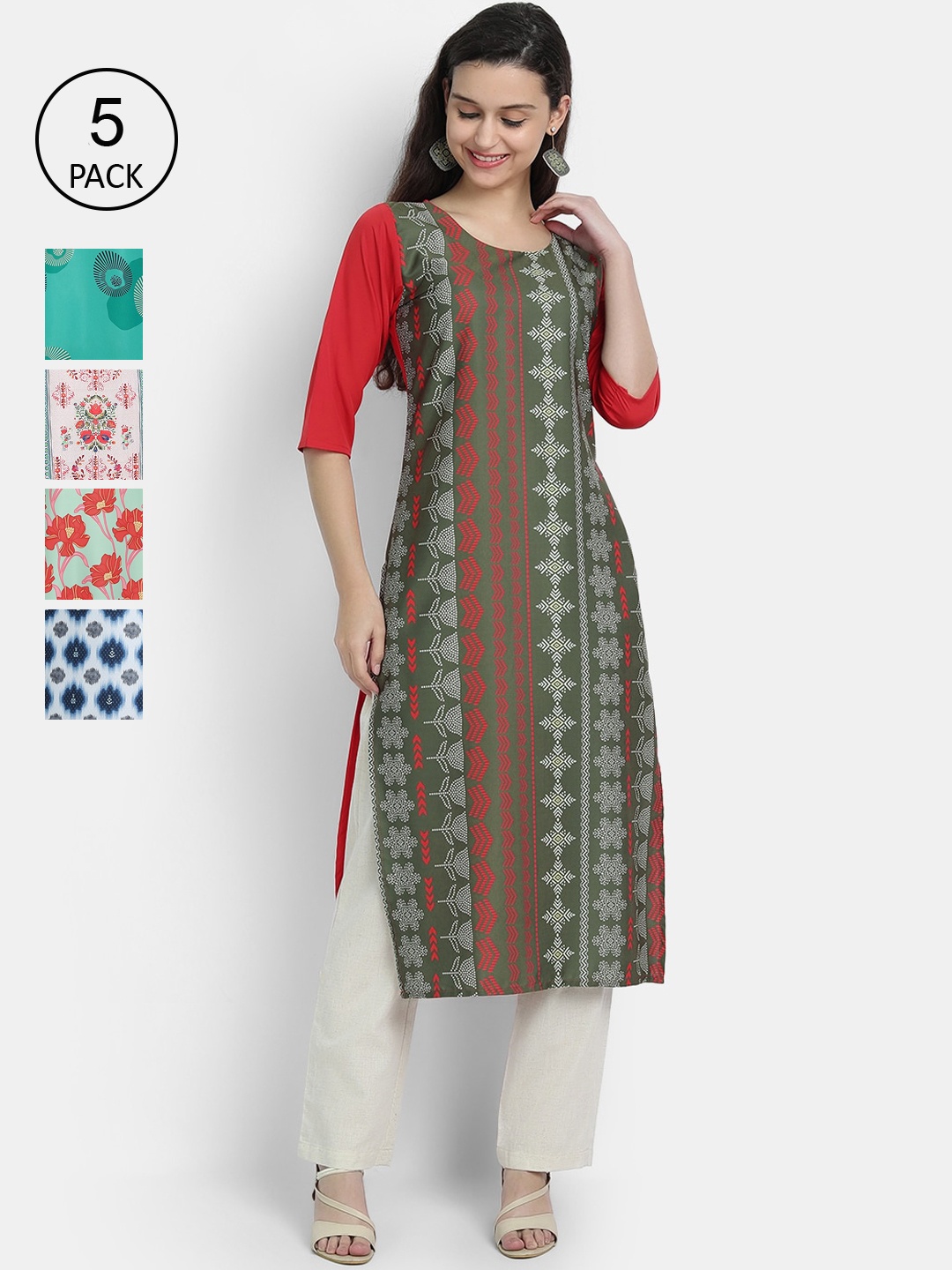 

7Threads Woman Pack of 5 Multicoloured Ethnic Motifs Printed Crepe Kurta, Multi