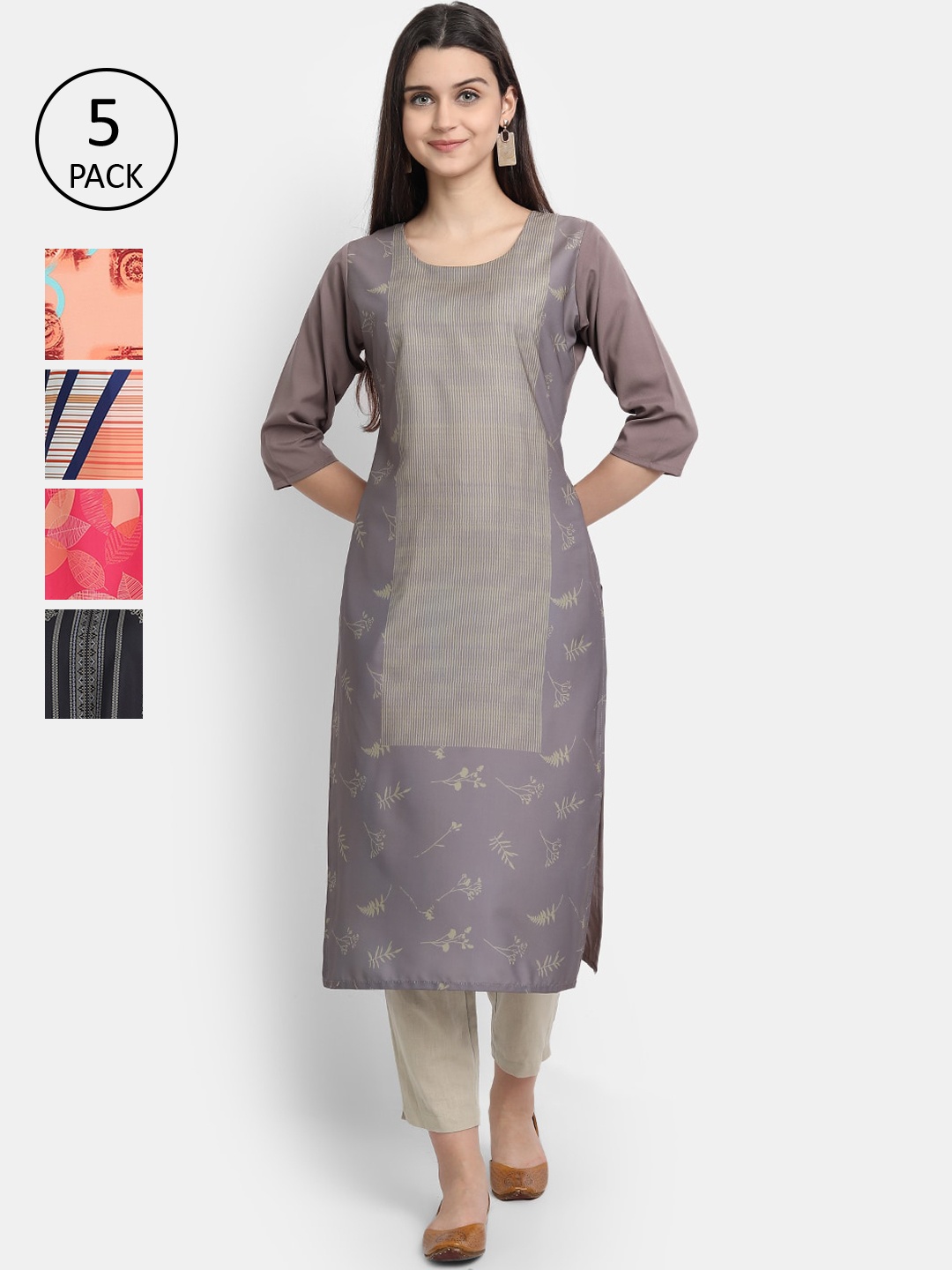 

7Threads Women Pack of 5 Ethnic Motifs Printed Crepe Kurta, Grey