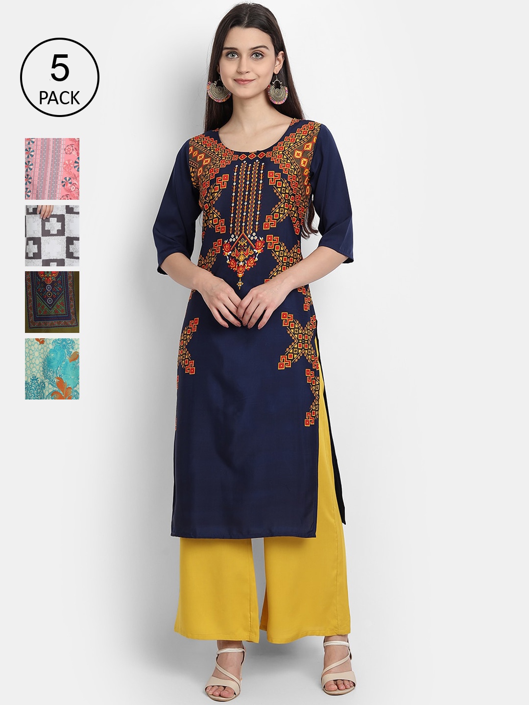 

7Threads Women Set of 5 Multi Geometric Printed Crepe Kurta