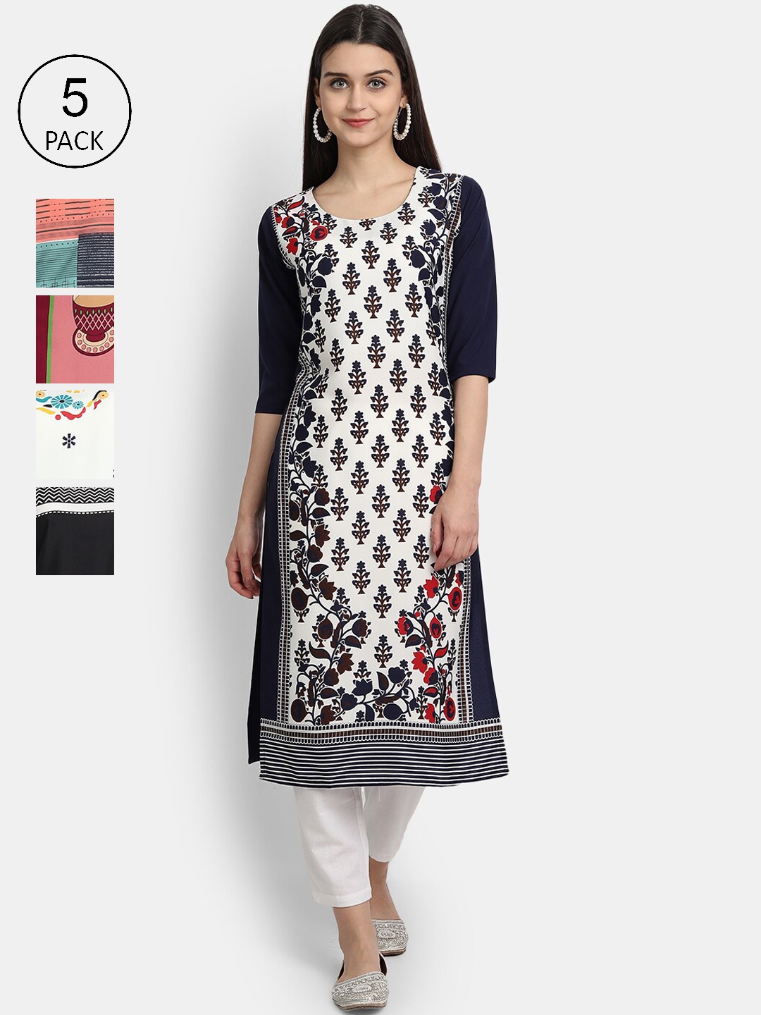 

7Threads Women Pack of 5 Multicoloured Printed Crepe Straight Kurtas, Multi
