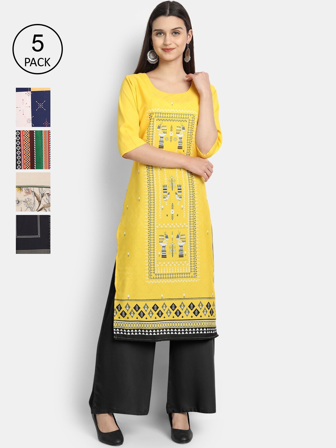 

7Threads Women Pack of 5 Ethnic Motifs Printed Crepe Kurta, Yellow