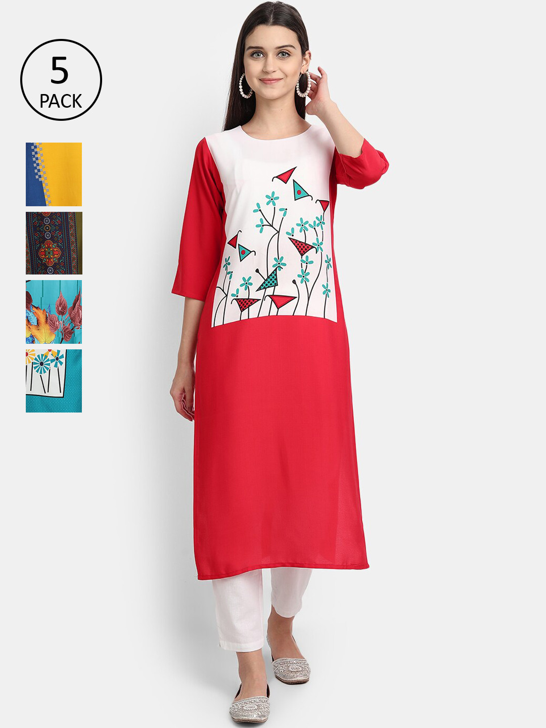 

7Threads Women Pack Of 5 Printed Crepe Kurta, Red