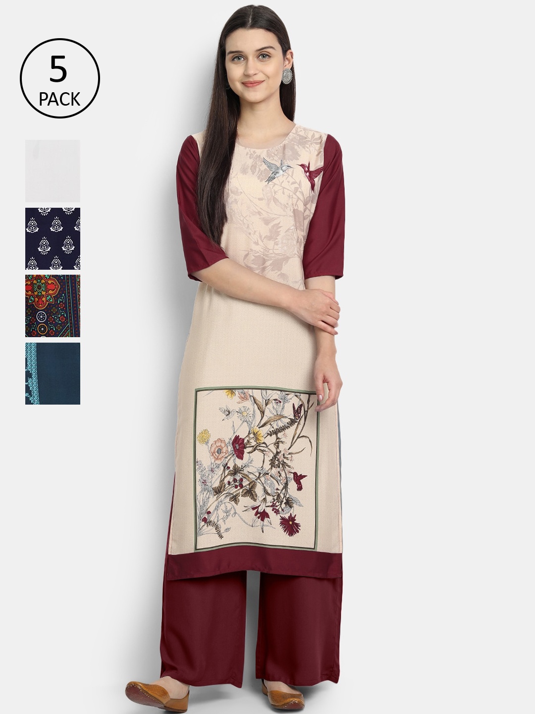 

7Threads Women Pack Of 5 Multicoloured Floral Printed Crepe Kurta, Multi