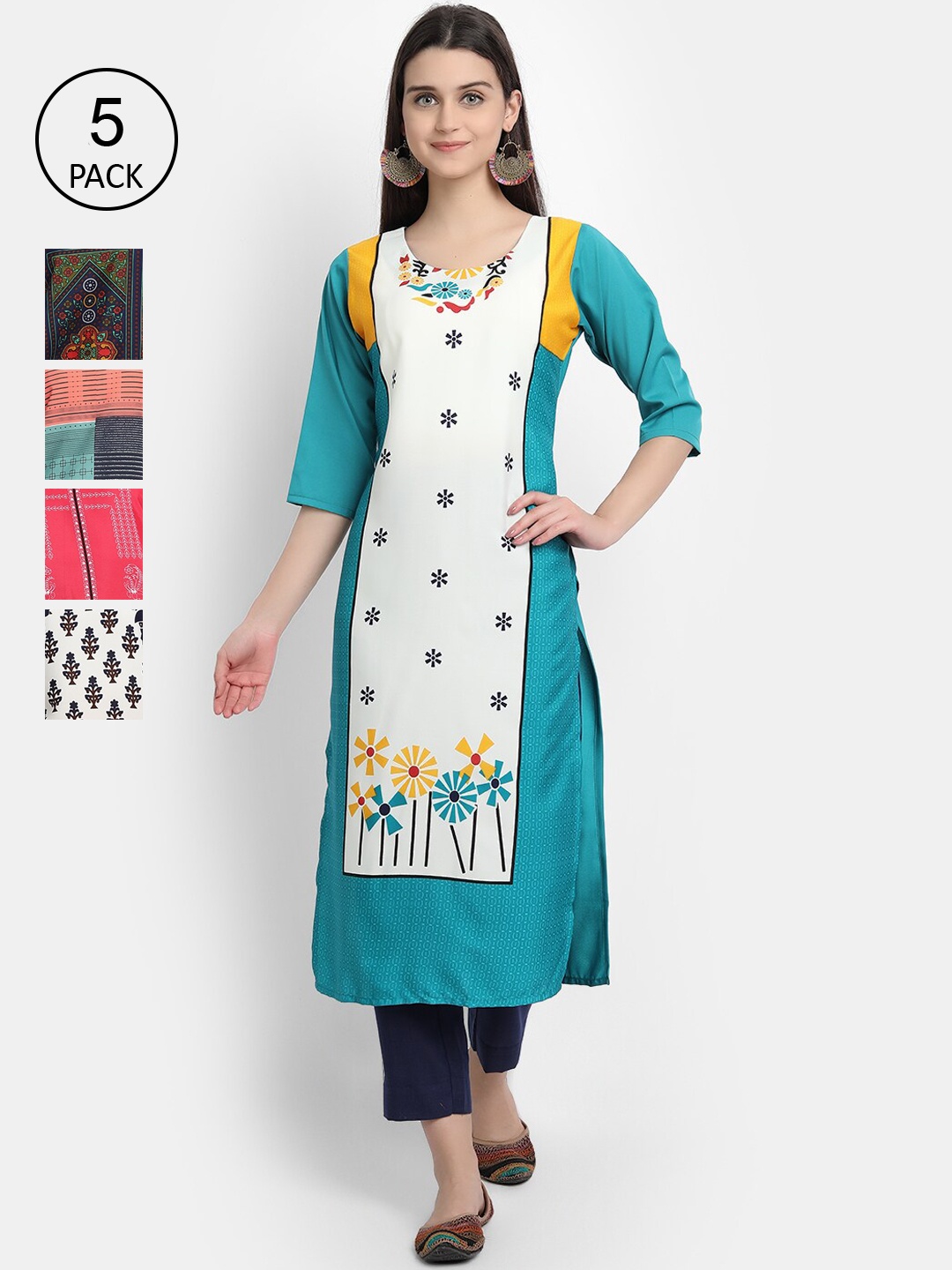 

7Threads Women Pack Of 5 Printed Crepe Kurta, White