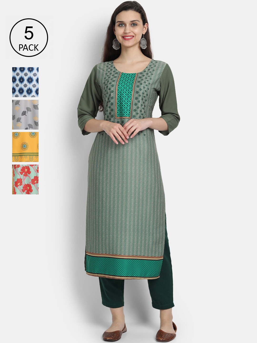 

7Threads Women Pack Of 5 Multicoloured Ethnic Motifs Printed Crepe Kurtas, Multi