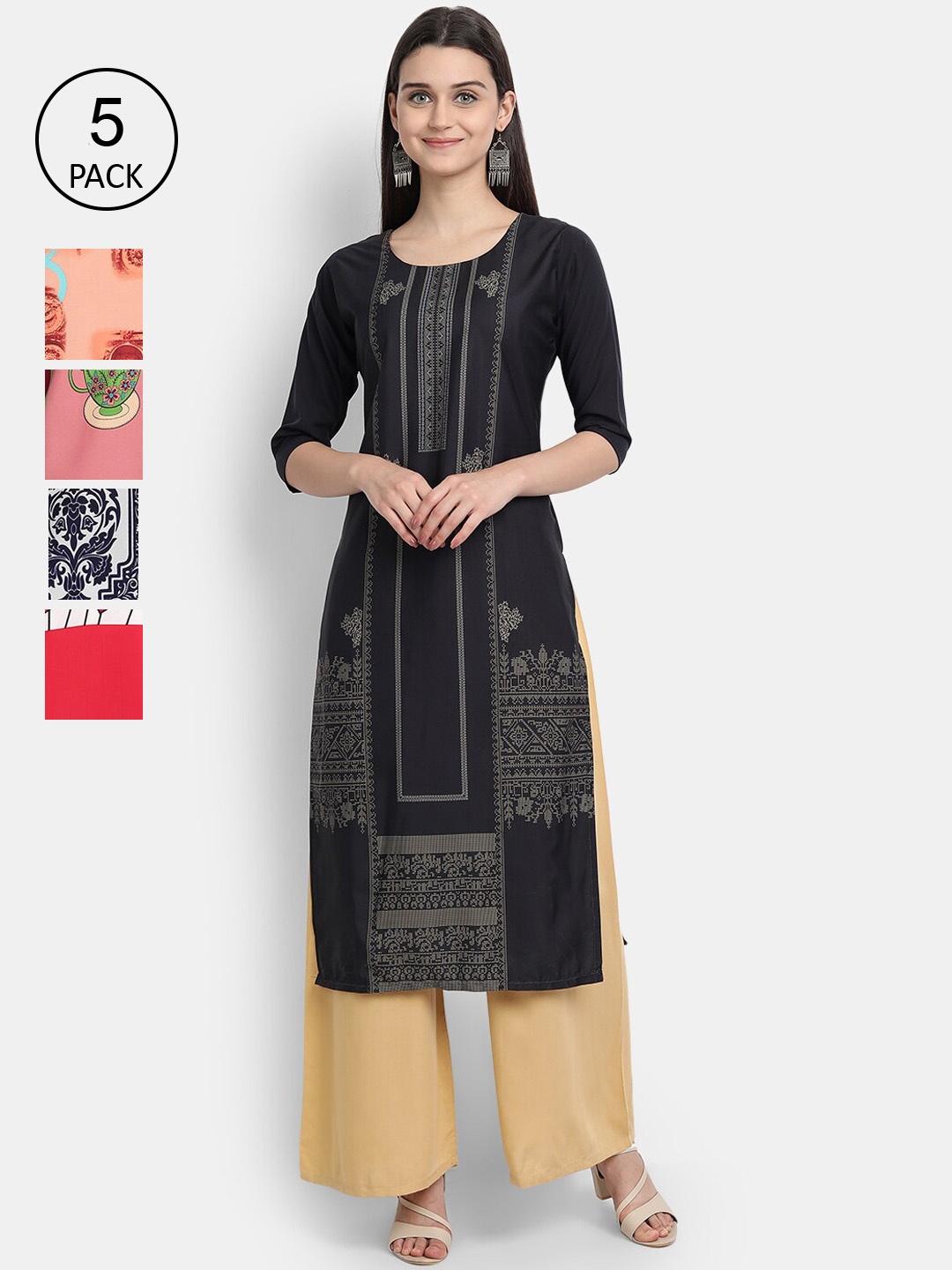 

7Threads Woman Pack of 5 Multicoloured Floral Printed Crepe Kurta, Multi