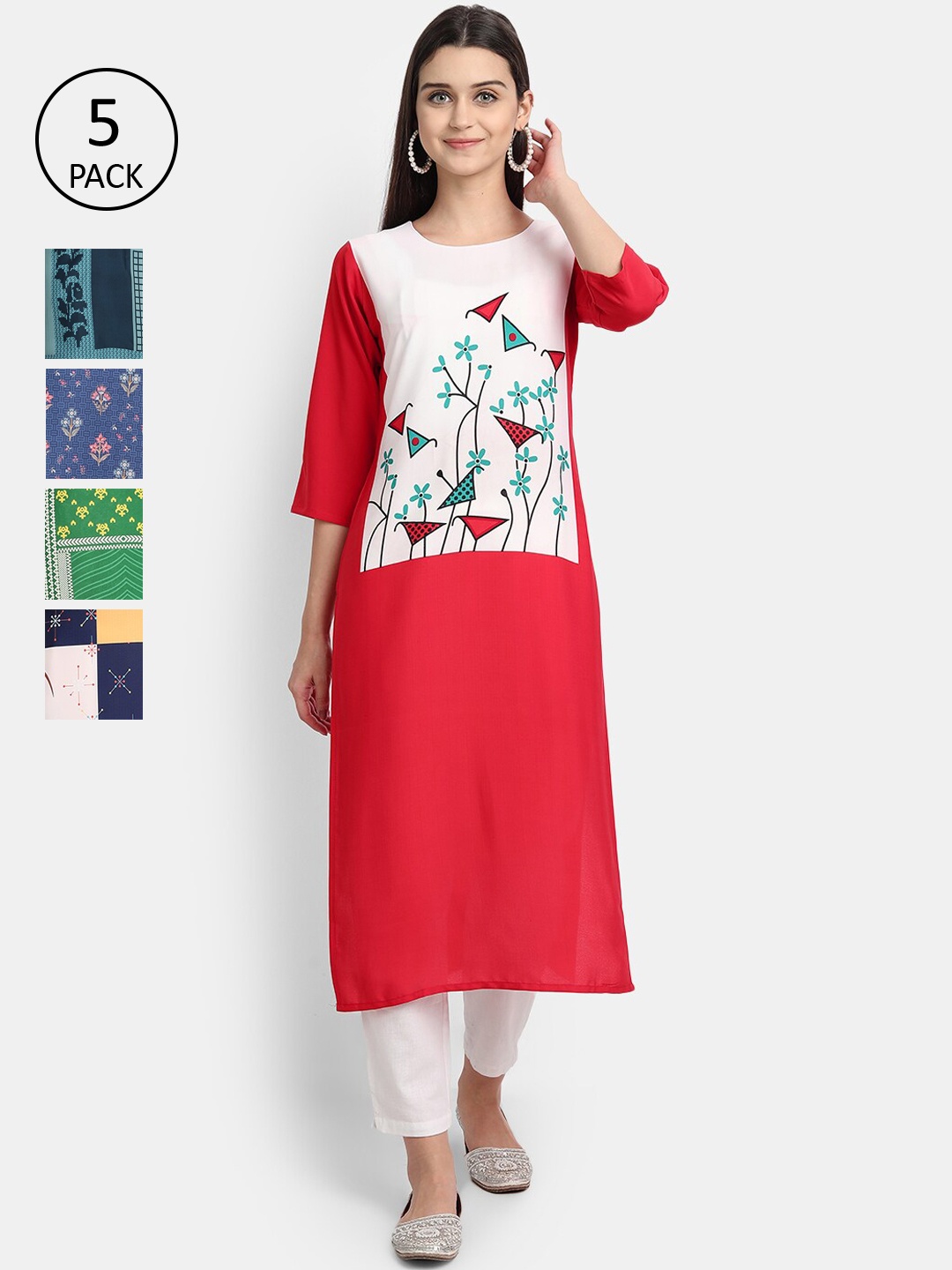 

7Threads Women Pack of 5 Multicoloured Printed Crepe Straight Kurtas, Multi