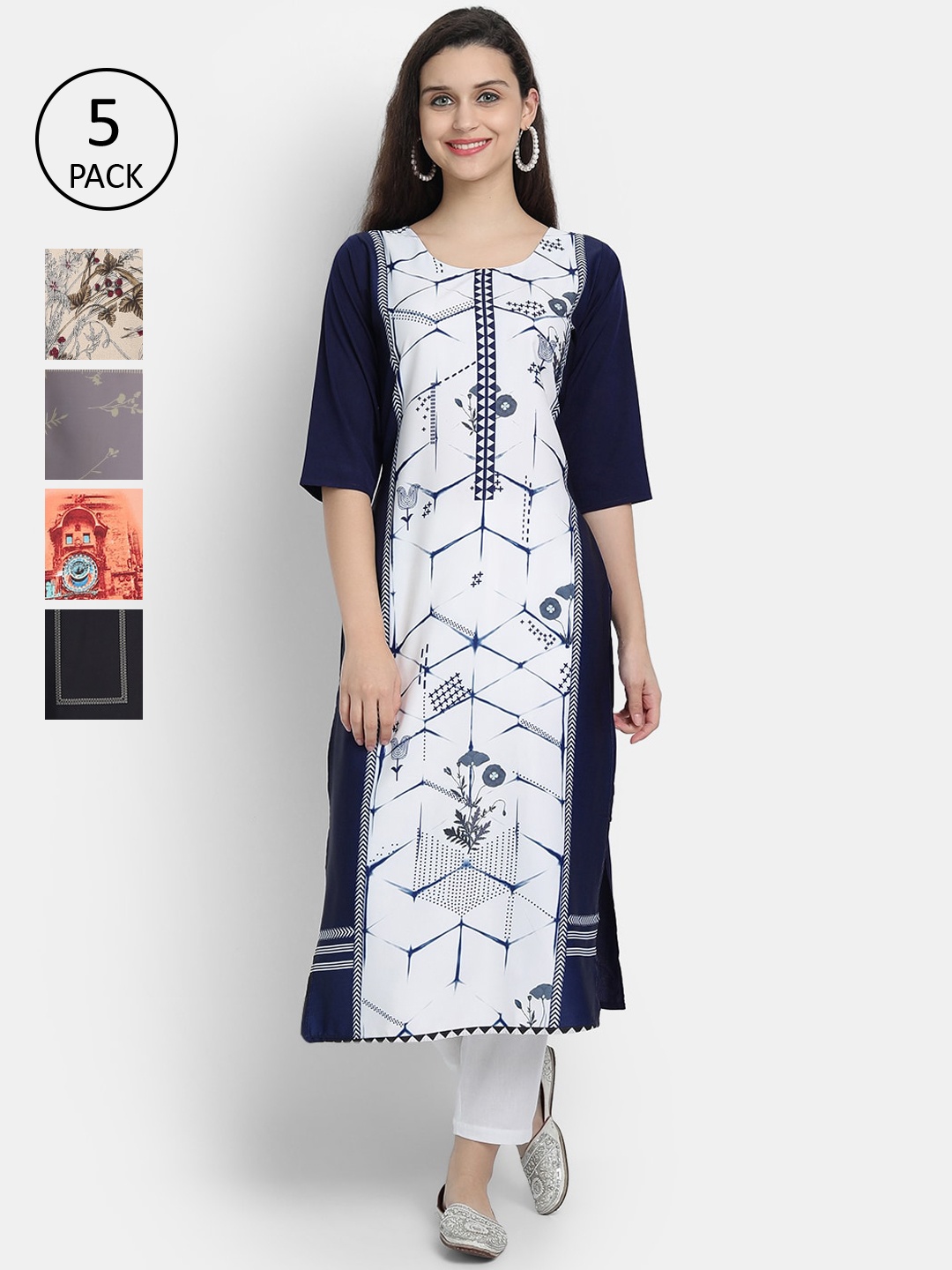 

7Threads Women Pack of 5 Printed Crepe Kurta, Multi