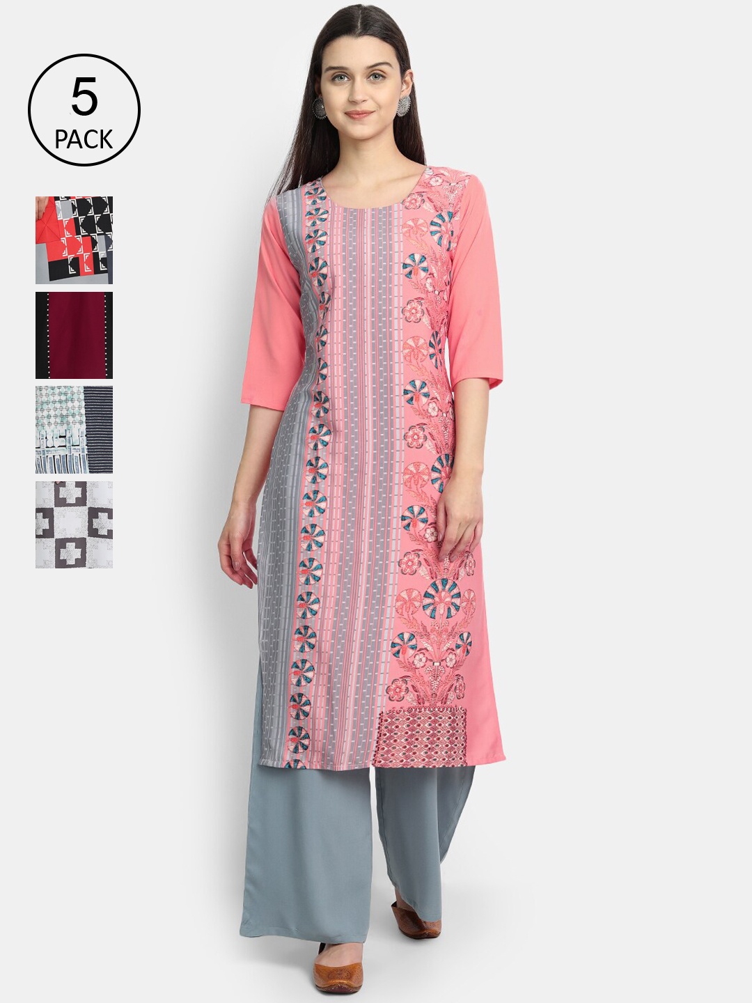 

7Threads Pack of 5 Women Printed Crepe Kurta, Multi