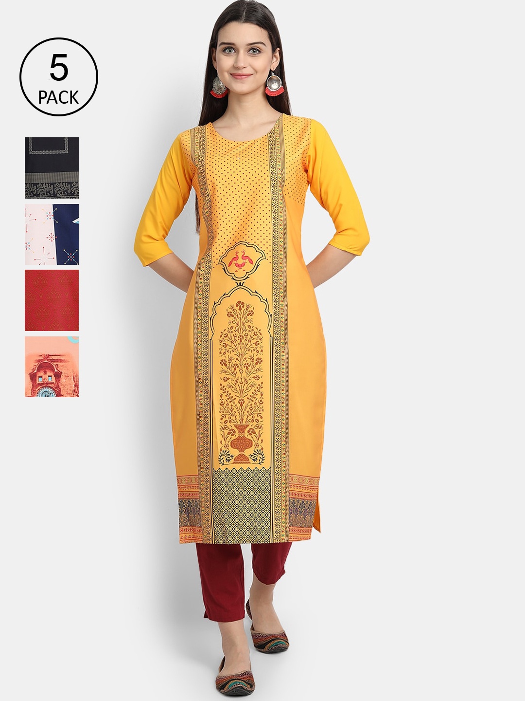 

7Threads Women Pack Of 5 Printed Crepe Kurta, Yellow