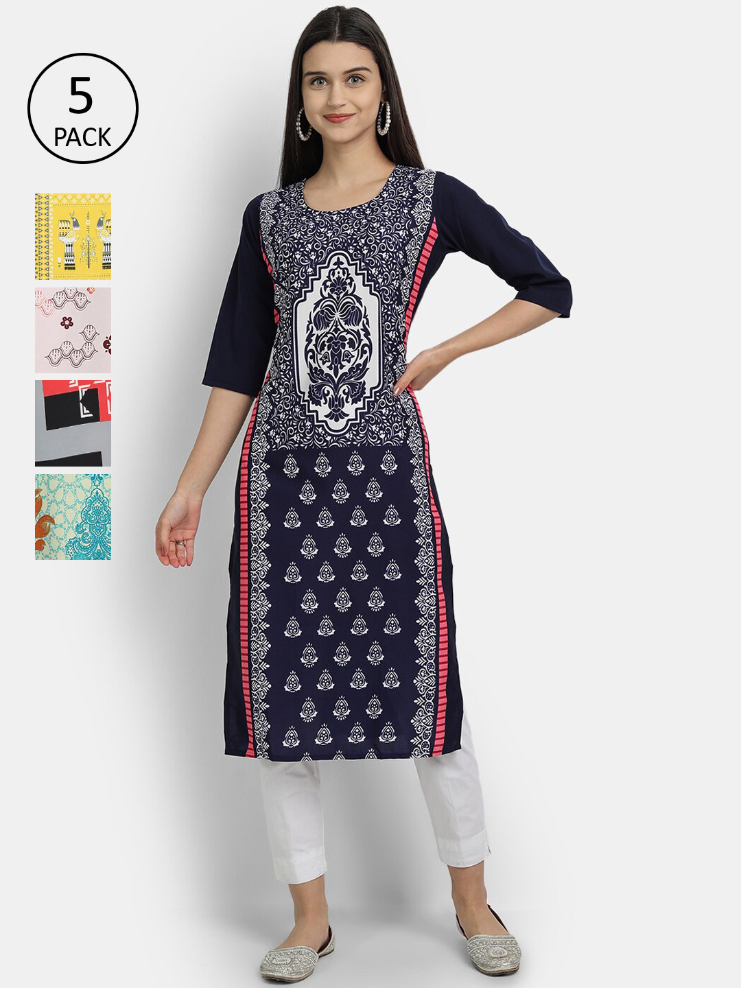 

7Threads Women Pack Of 5 Printed Crepe Kurtas, Navy blue