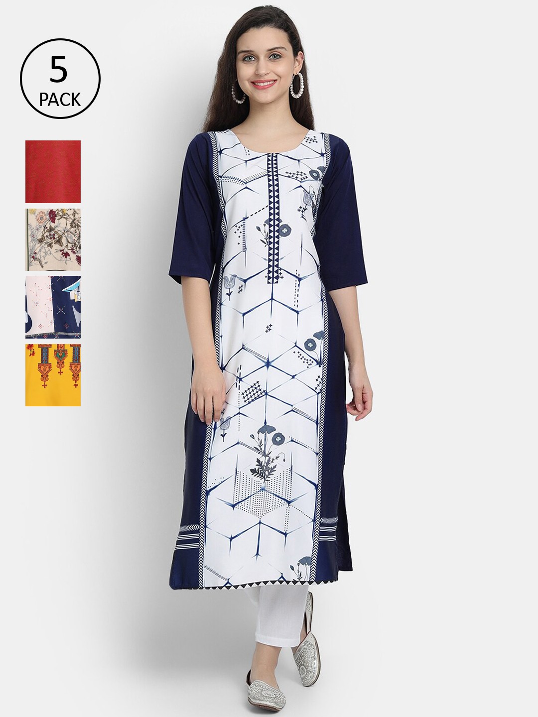 

7Threads Women Pack Of 5 Printed Crepe Kurta, White