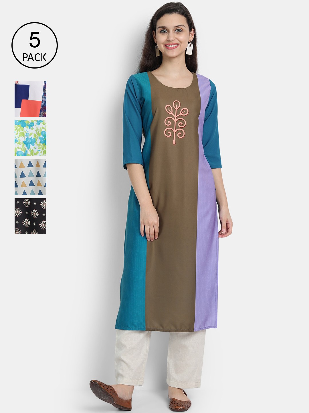 

7Threads Woman Pack of 5 Multicoloured Geometric Printed Crepe Kurta, Multi