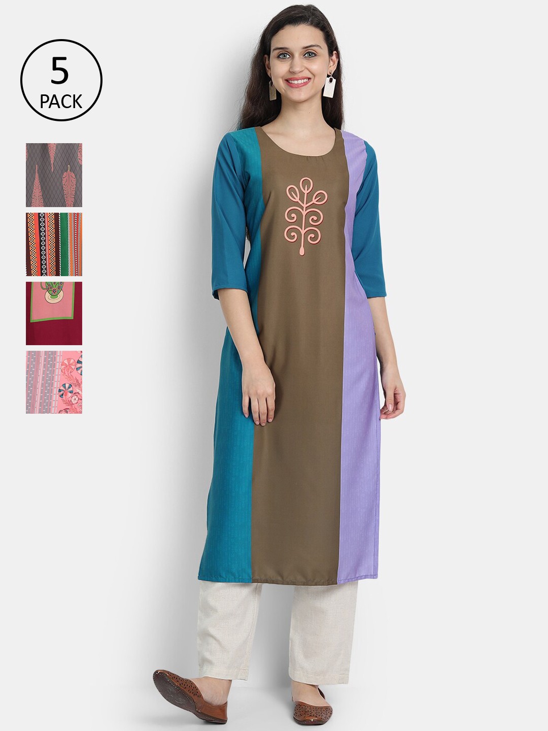 

7Threads Women Pack Of 5 Multicoloured Ethnic Motifs Printed Crepe Kurtas, Multi