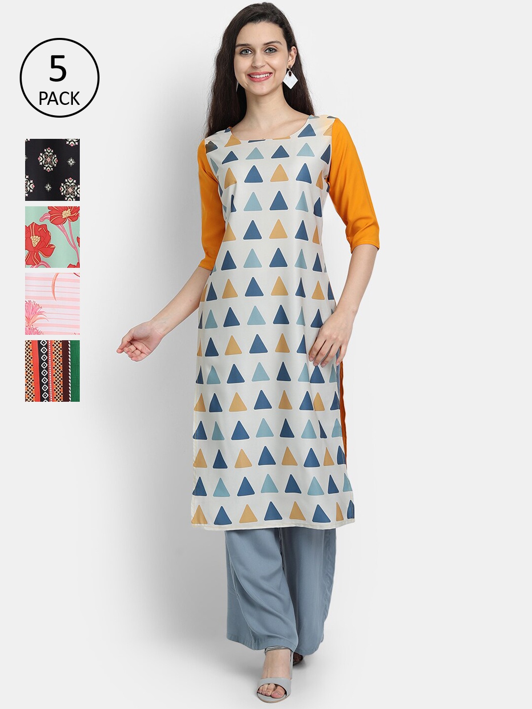 

7Threads Women Set of 5 Multi Printed Crepe Kurta