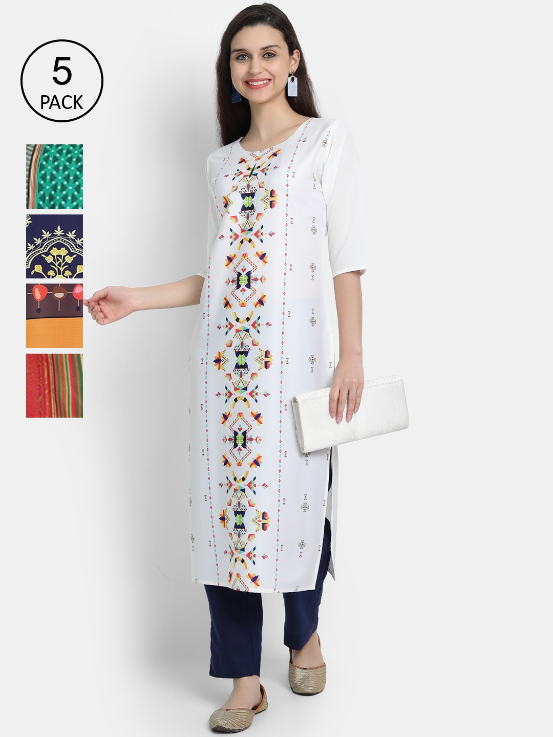 

7Threads Women Set of 5 Ethnic Motifs Printed Crepe Kurta, Multi