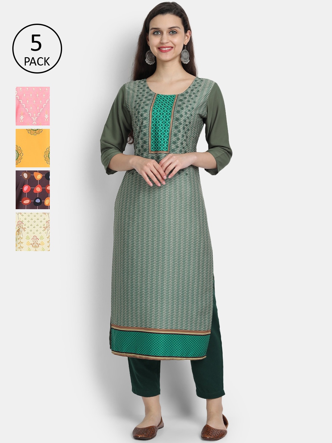 

7Threads Women Pack Of 5 Printed Kurtas, Green
