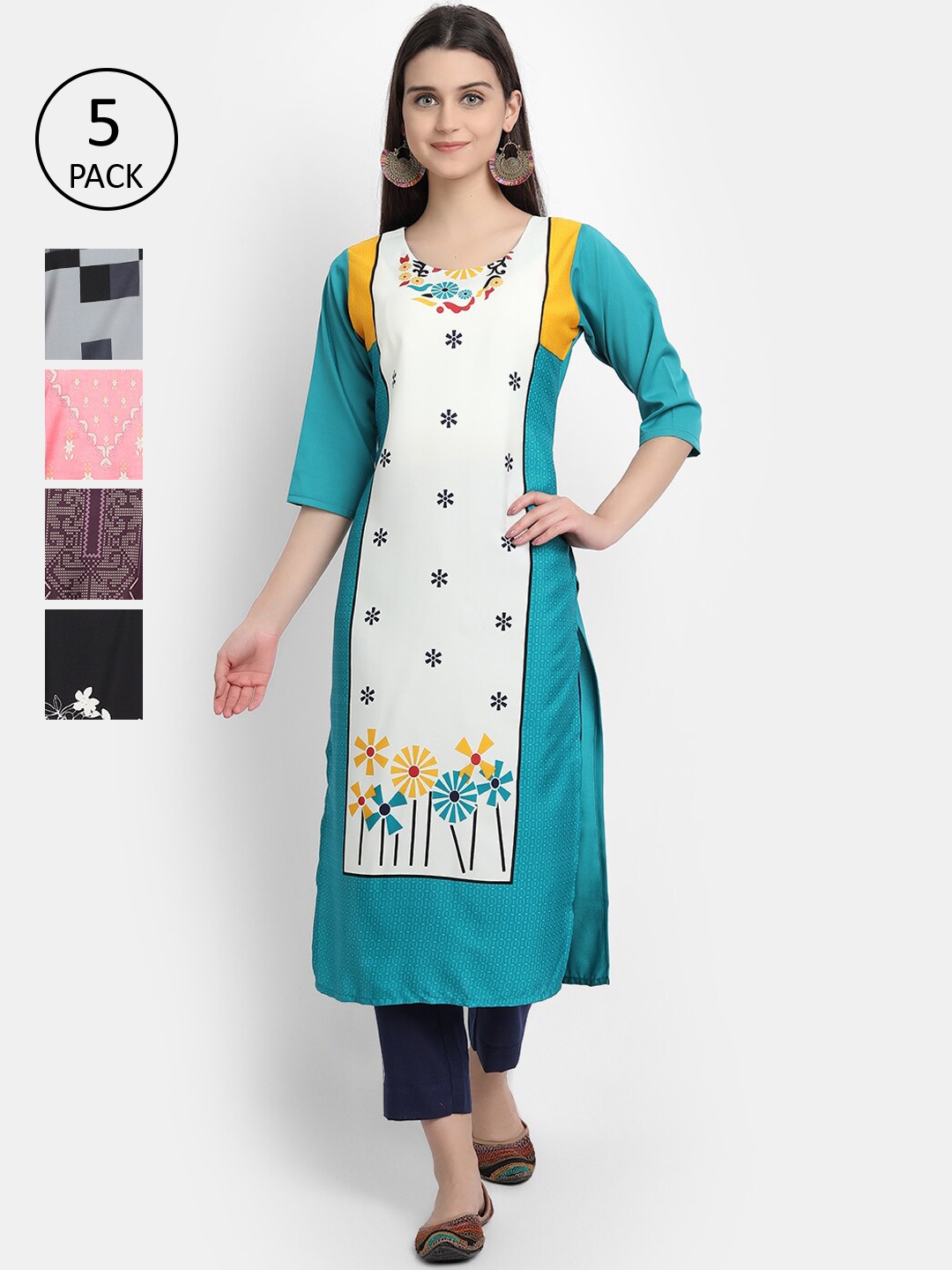 

7Threads Women Pack of 5 Ethnic Motifs Printed Crepe Kurta, Pink